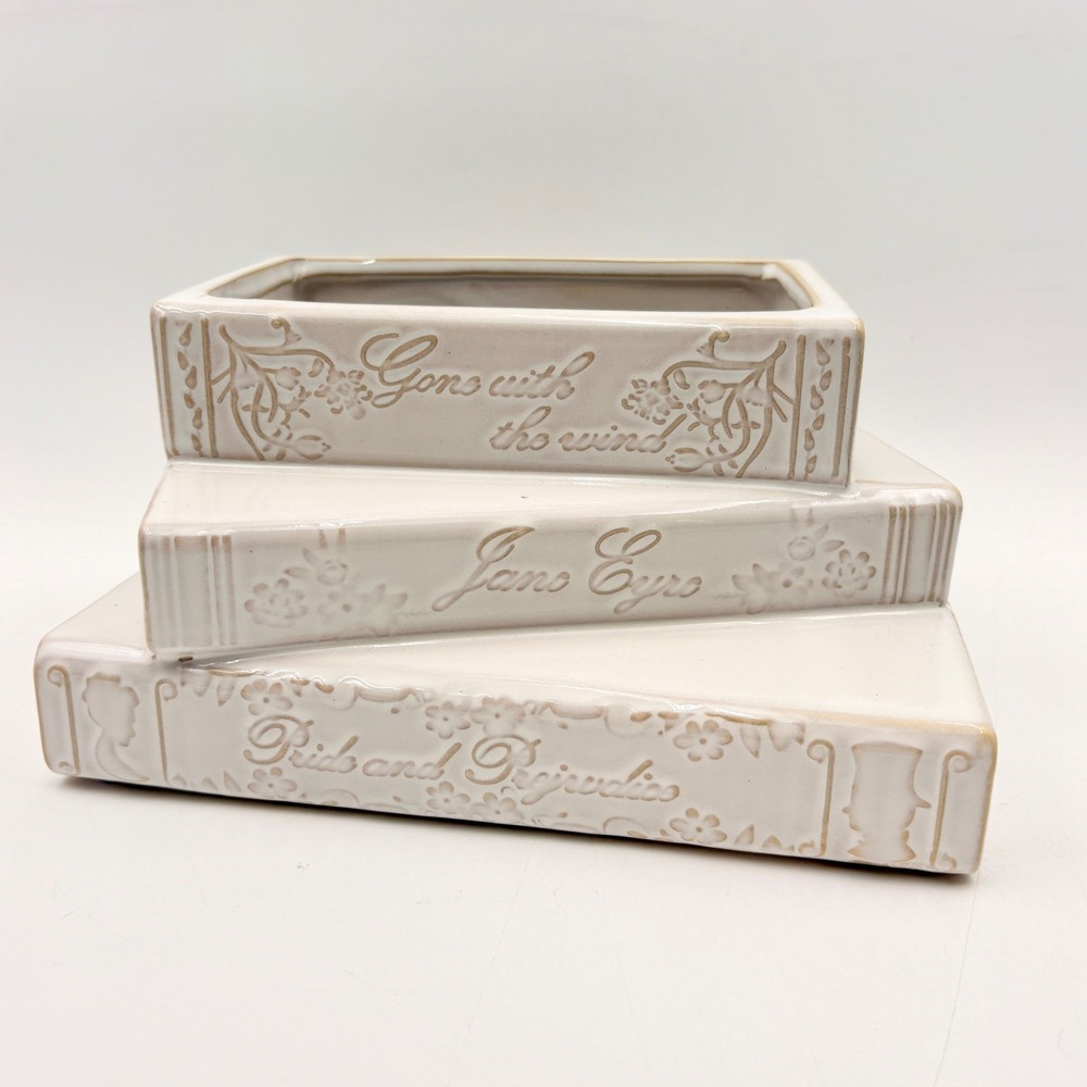 Timeless Beauty Ceramic Stacked Books Planter Cream Literary Classics Jane Eyre